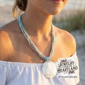 Natural Mother of Pearl Large Pendant Necklace Blue Seed Bead & Gold Tone